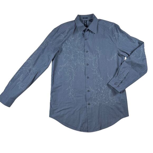 6611 Embroidered Tapered Fit Men’s Button Down Shirt  Dusty Blue/White Size L - Picture 1 of 11